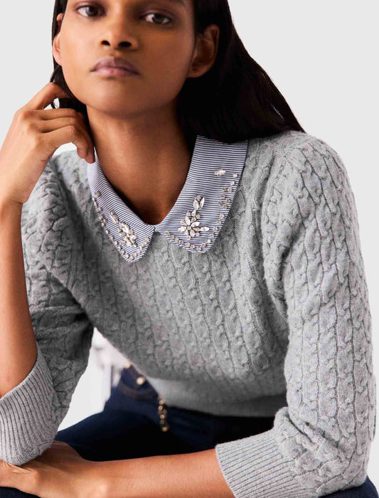 Removable poplin collar jumper Light Grey