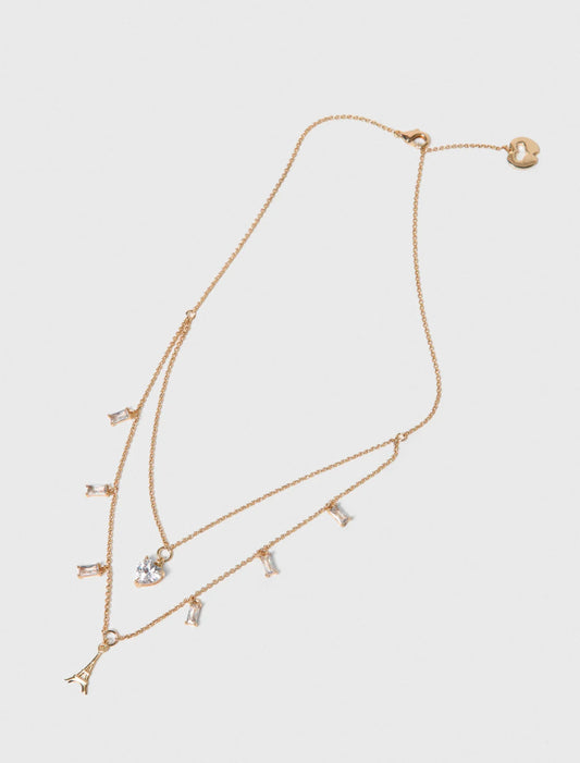 Double Rhinestone Charm Necklace Gold