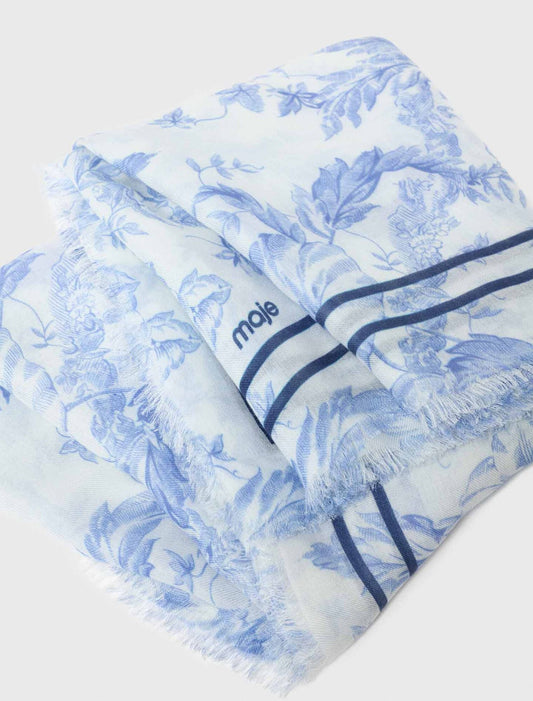 Floral Print Wool Blend Shawl White/Blue