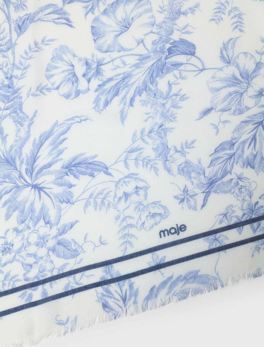 Floral Print Wool Blend Shawl White/Blue