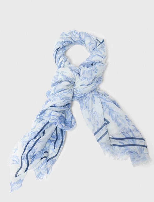 Floral Print Wool Blend Shawl White/Blue