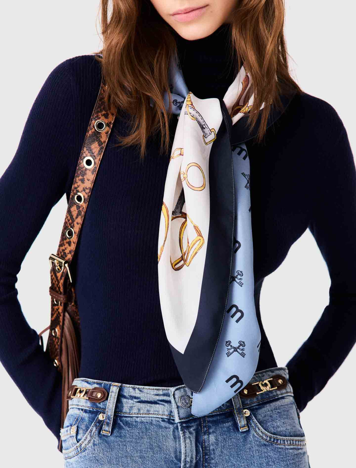 Equestrian motif silk scarf Blue