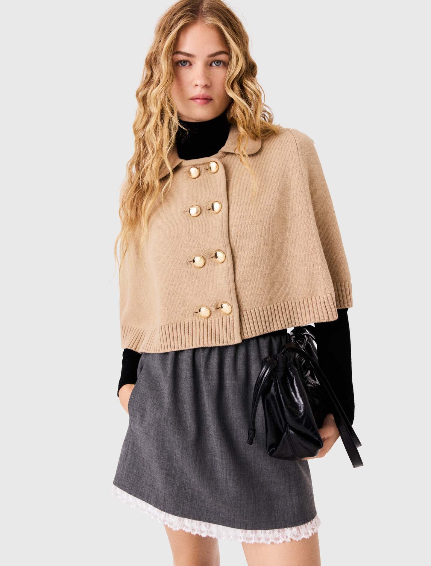 Wool blend mini cape Beige