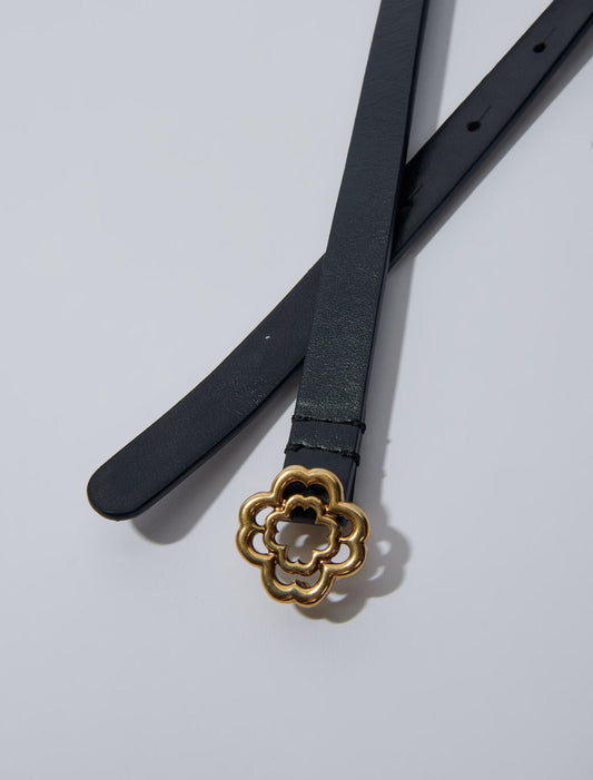 Black  -Narrow black leather belt gold buckle