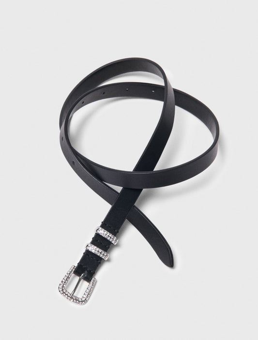 Slim belt with diamanté buckle Black