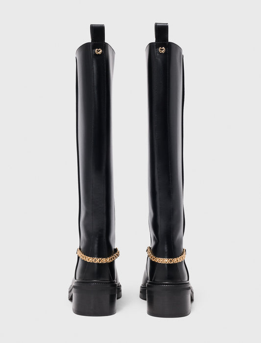 Flat leather boots with chain Black