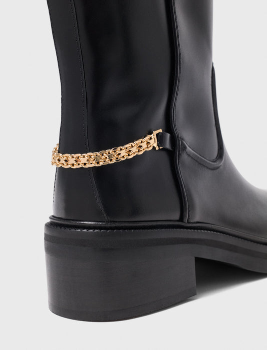 Flat leather boots with chain Black