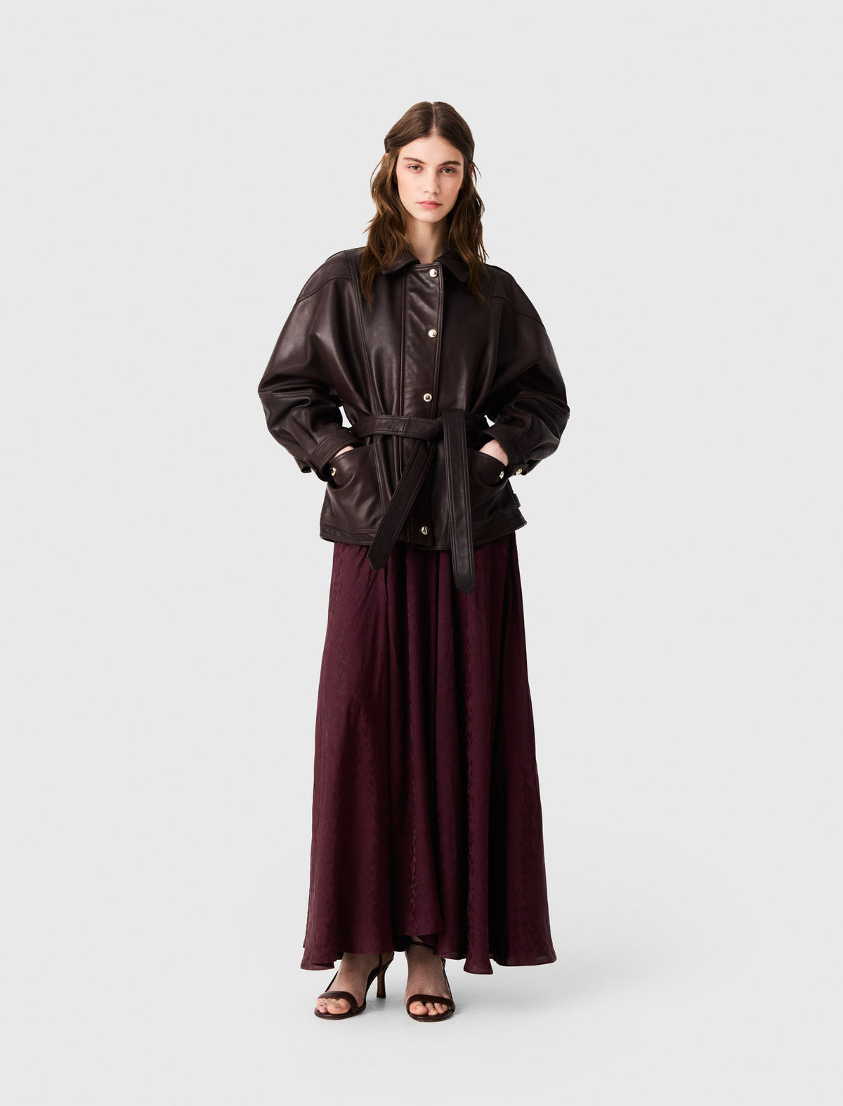 Oversize gold-button leather jacket Brown