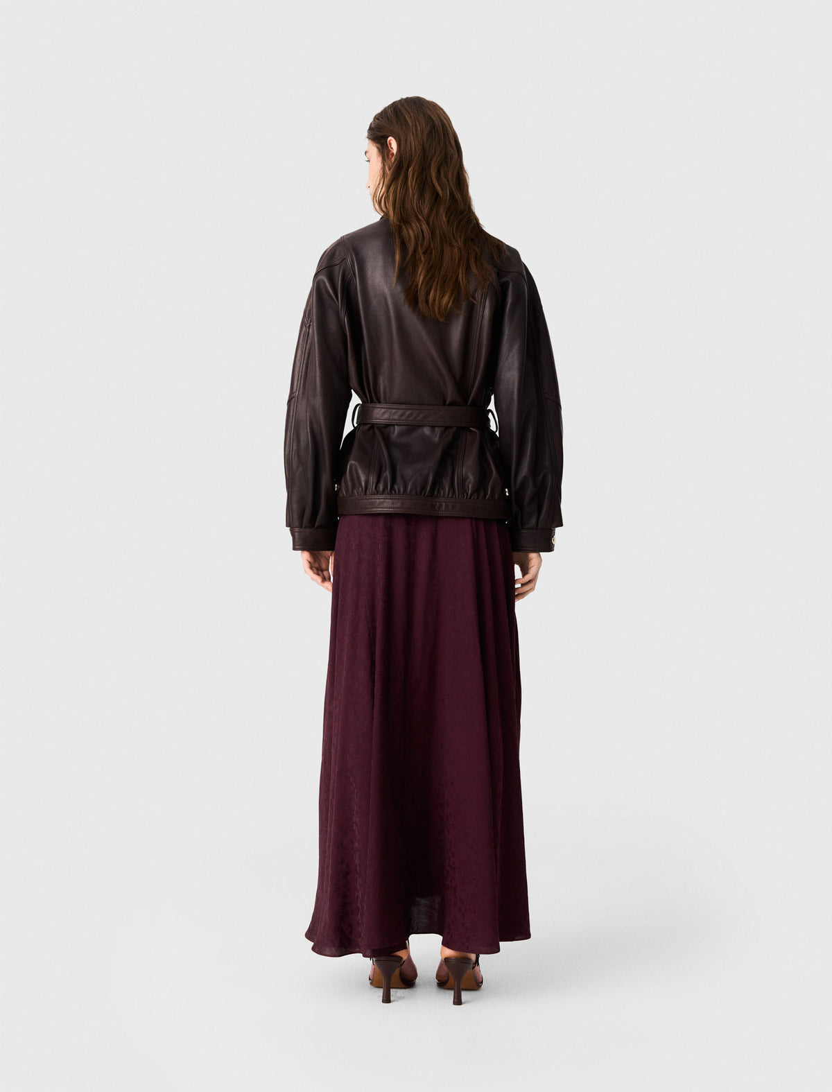 Oversize gold-button leather jacket Brown