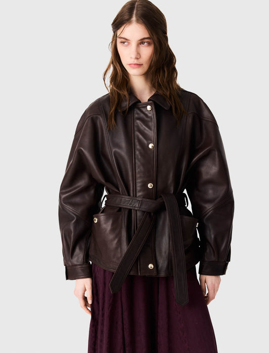 Oversize gold-button leather jacket Brown