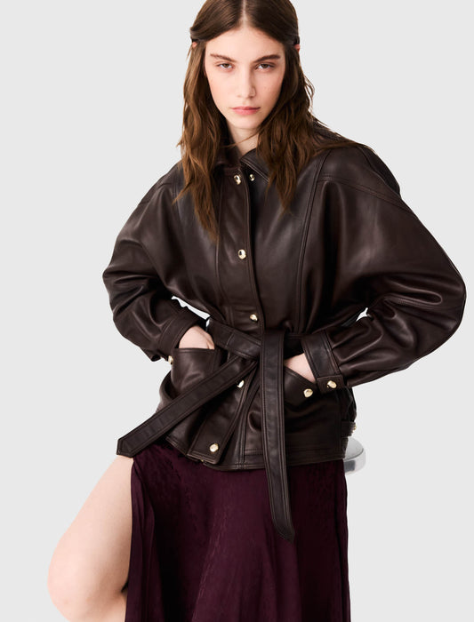 Oversize gold-button leather jacket Brown