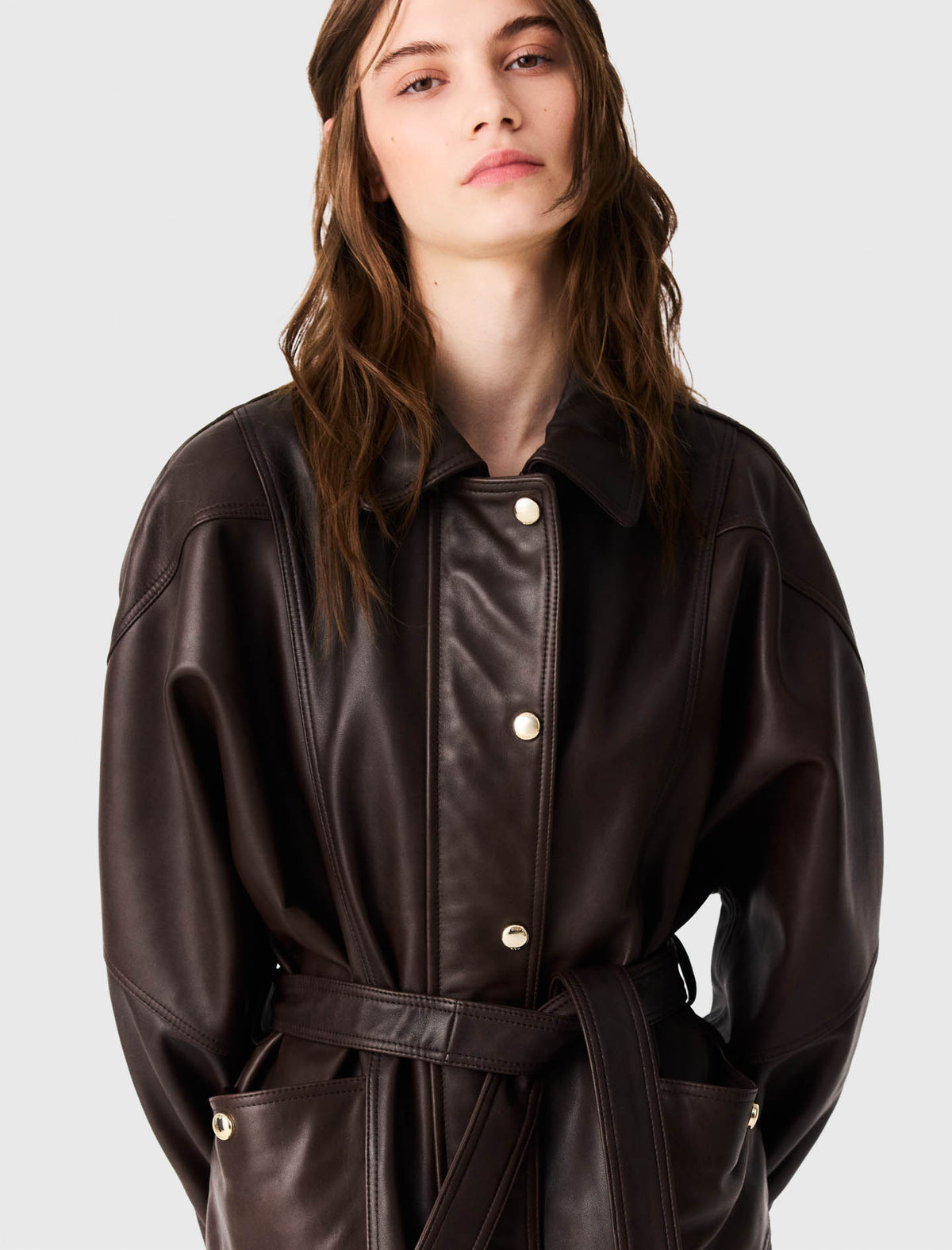 Oversize gold-button leather jacket Brown
