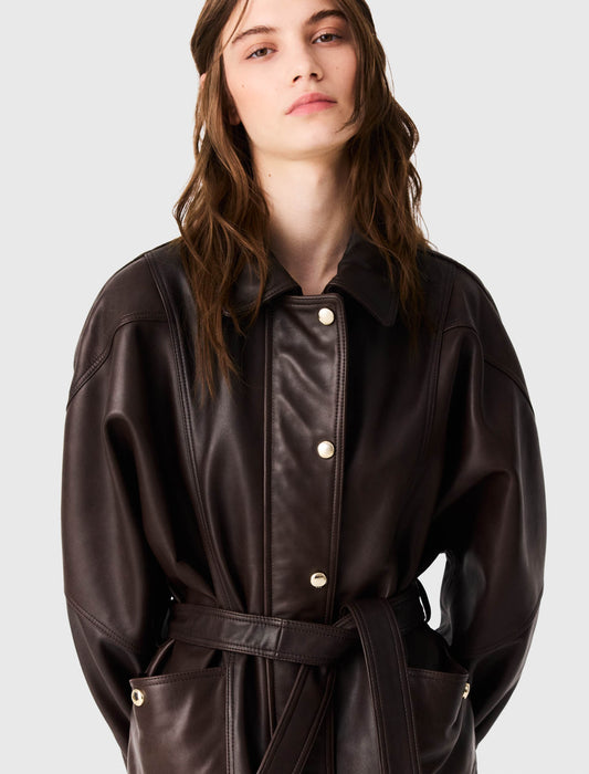 Oversize gold-button leather jacket Brown