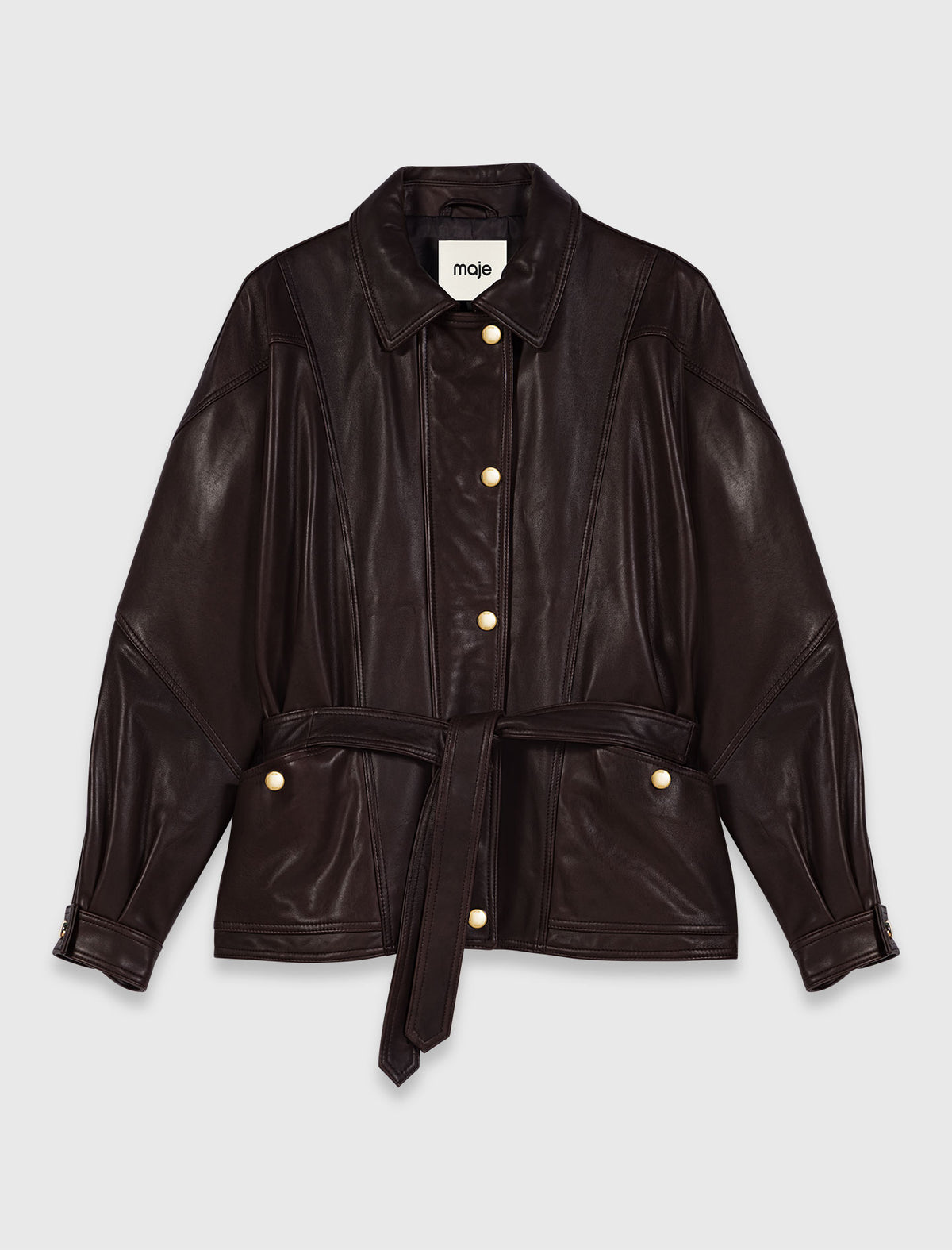 Oversize gold-button leather jacket Brown