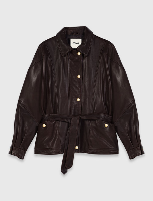 Oversize gold-button leather jacket Brown