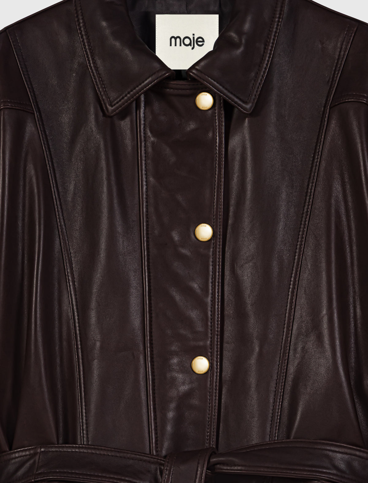 Oversize gold-button leather jacket Brown