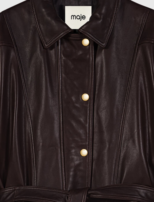 Oversize gold-button leather jacket Brown
