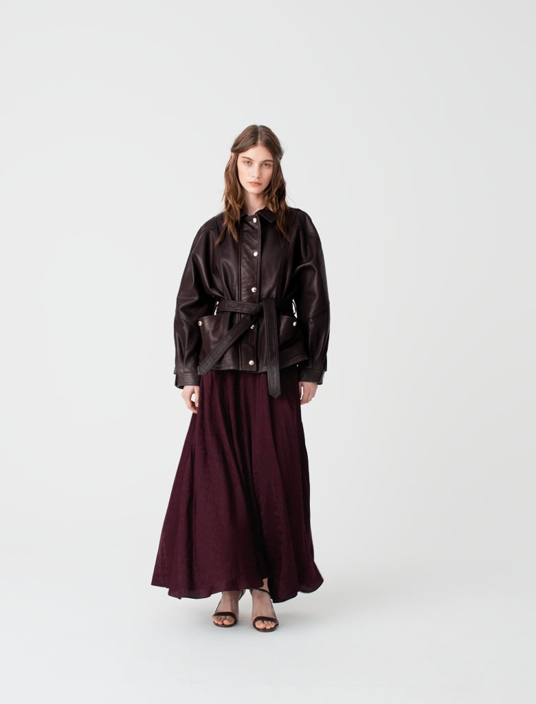 Oversize gold-button leather jacket Brown