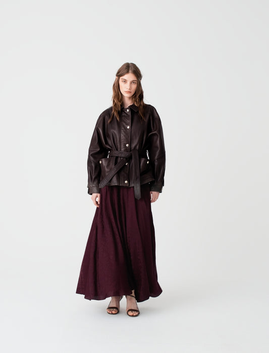 Oversize gold-button leather jacket Brown