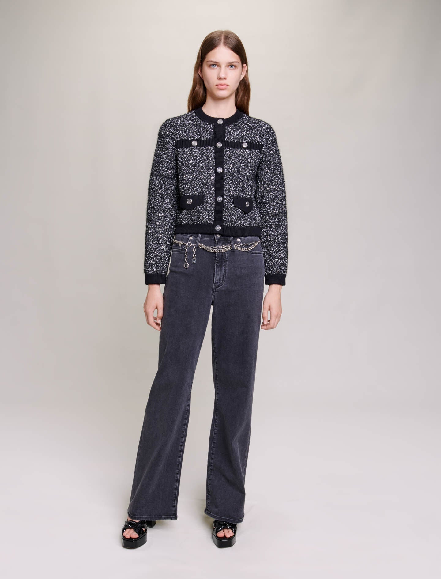 Black featured short tweed effect cardigan