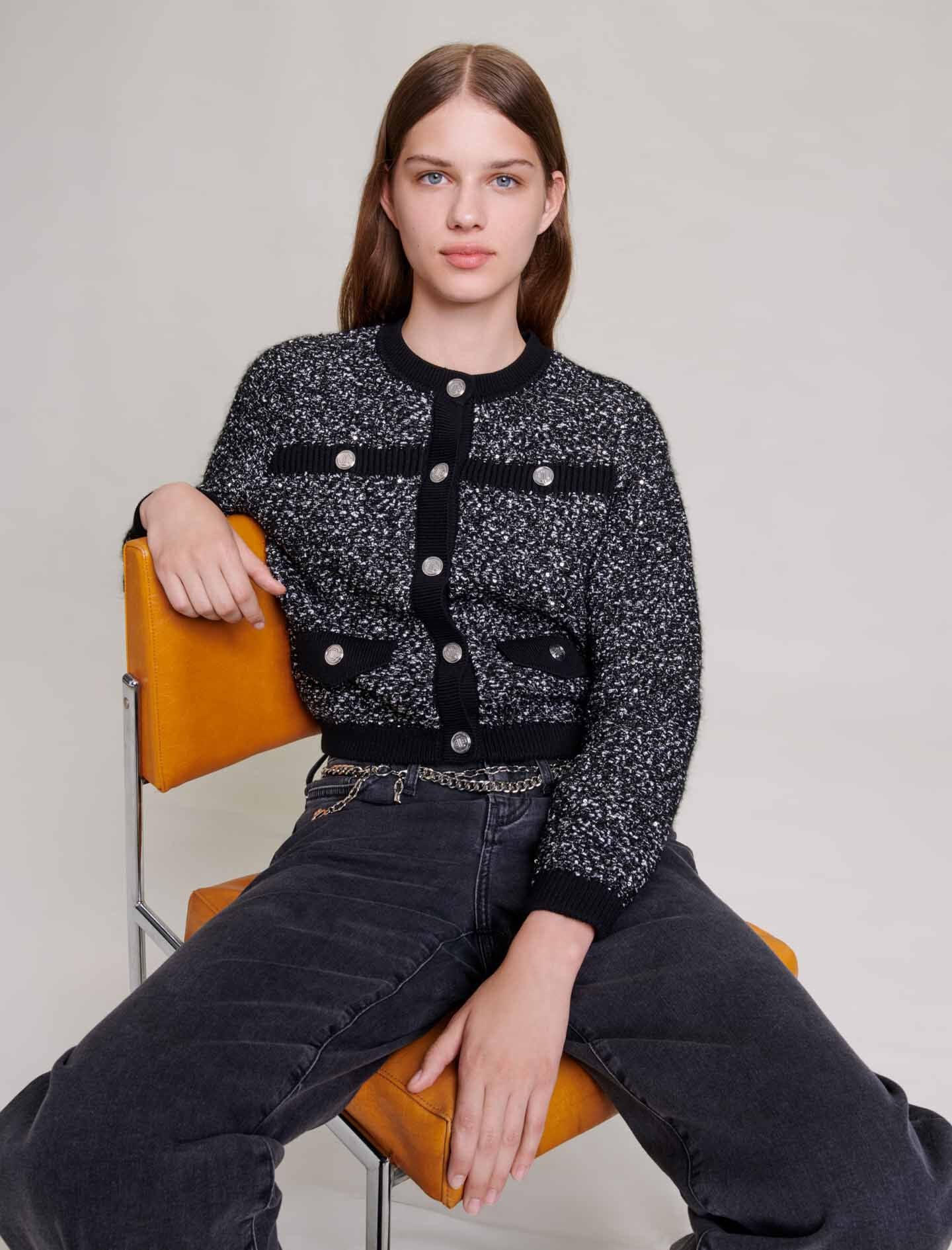 Black   short tweed effect cardigan