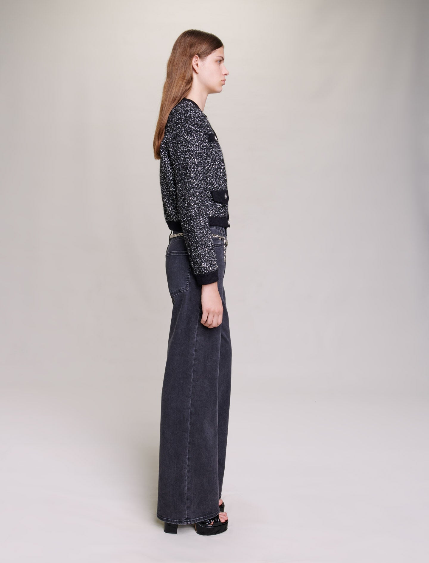 Black   short tweed effect cardigan