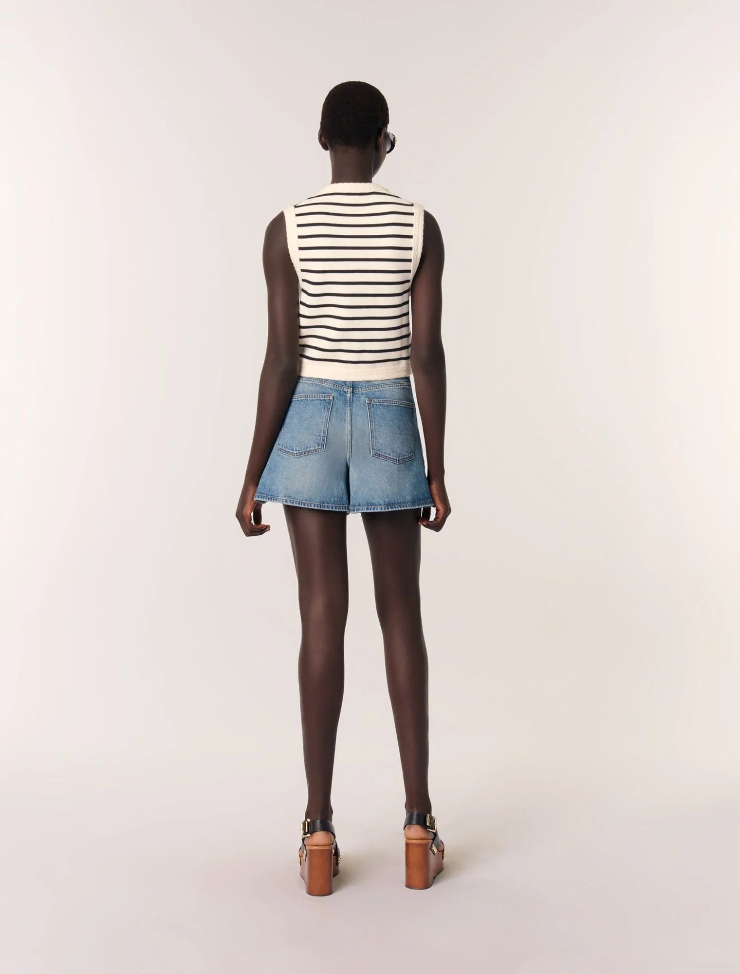 Navy / Ecru-Sleeveless striped cardigan