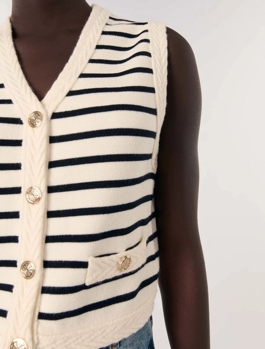 Navy / Ecru-Sleeveless striped cardigan