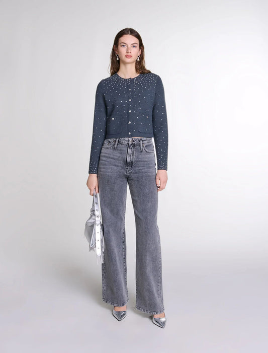 Grey featured-Knitted jumper with rhinestones