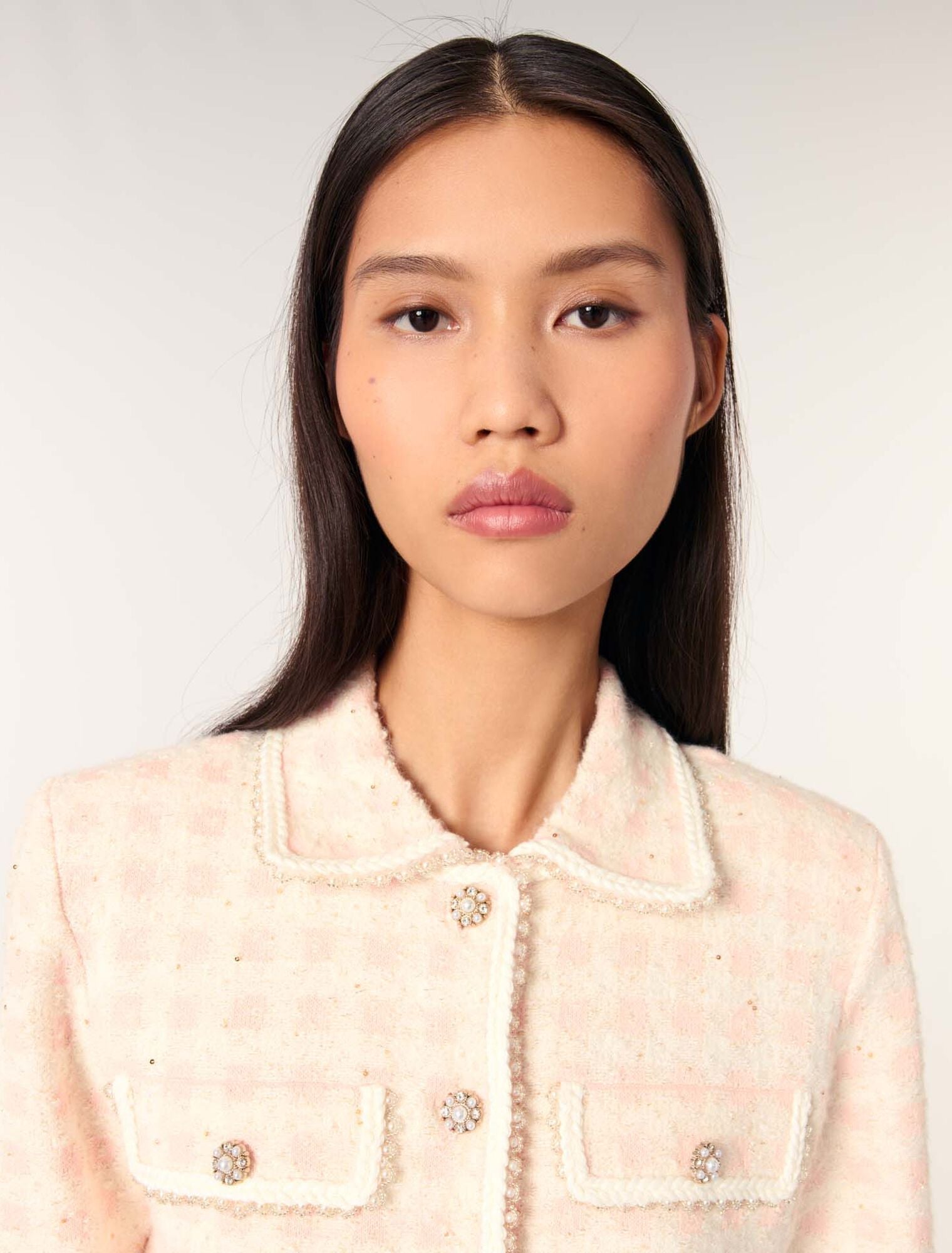 Pink/Ecru Tweed-effect knit jacket