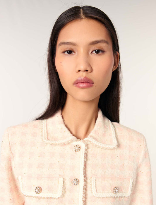 Pink/Ecru Tweed-effect knit jacket