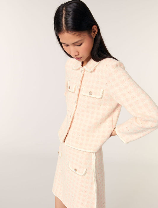 Pink/Ecru Tweed-effect knit jacket