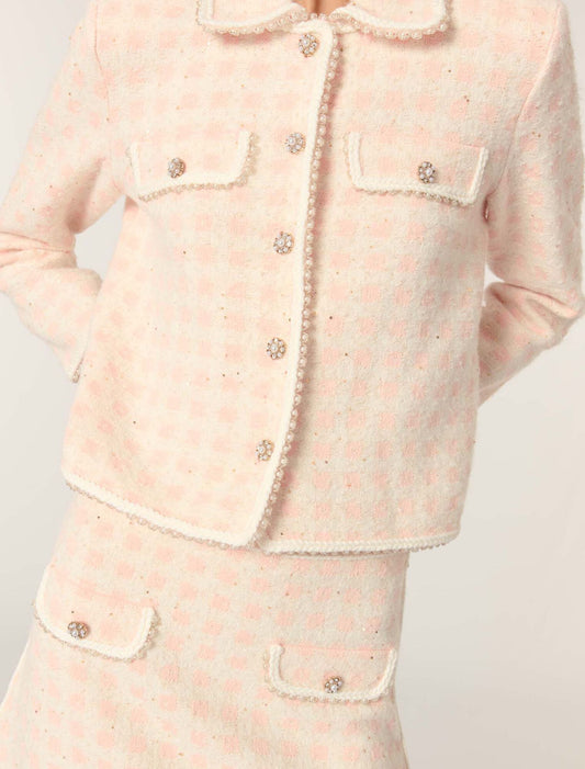Pink/Ecru Tweed-effect knit jacket