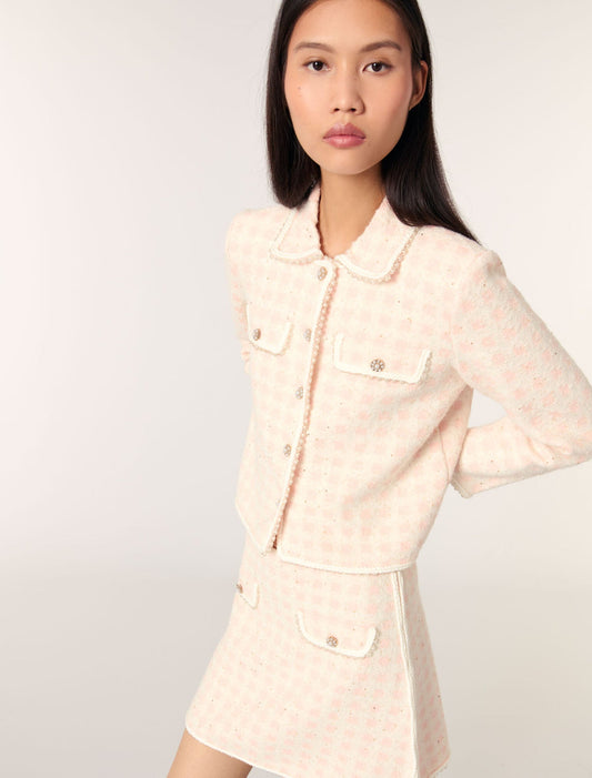 Pink/Ecru Tweed-effect knit jacket