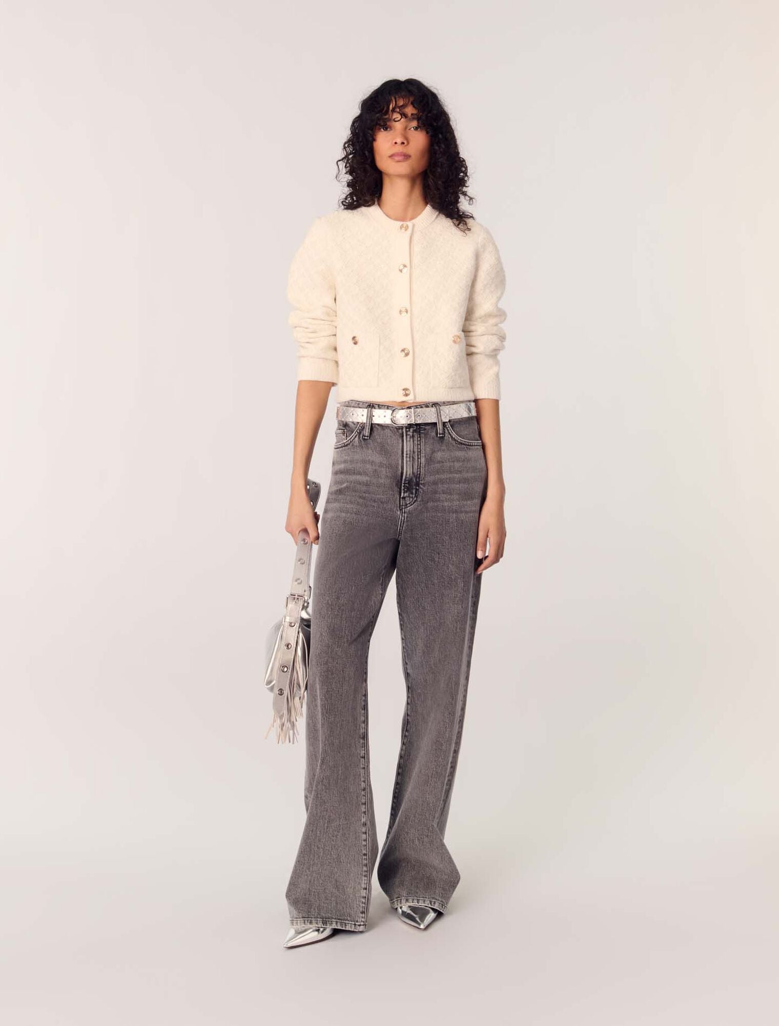 Ecru-featured-Short tweed-effect cardigan