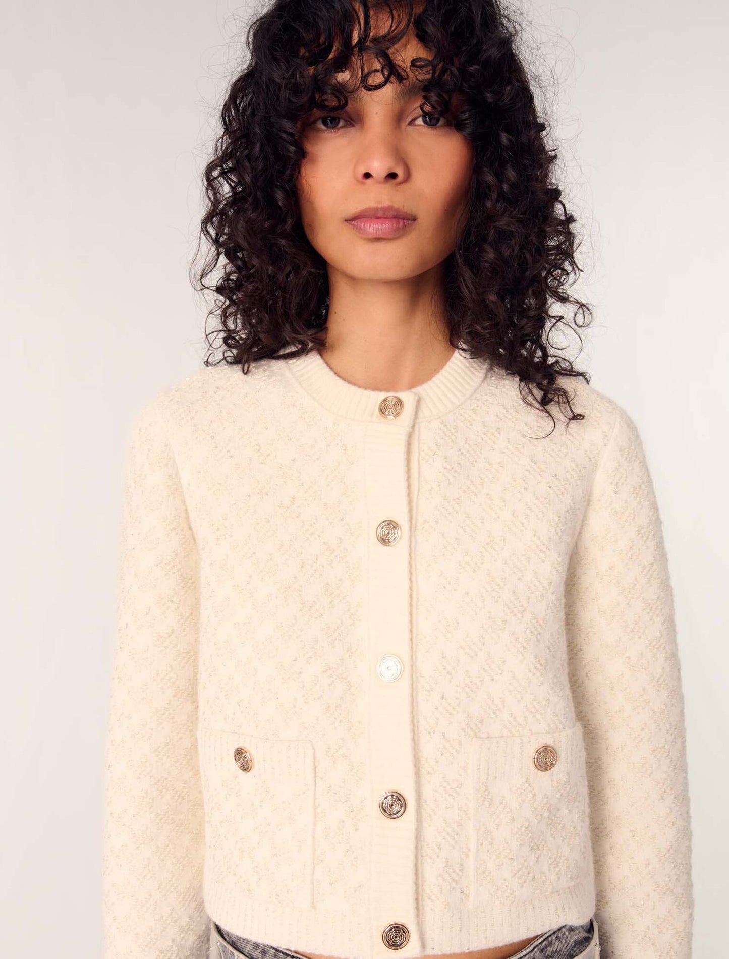 Ecru-Short tweed-effect cardigan