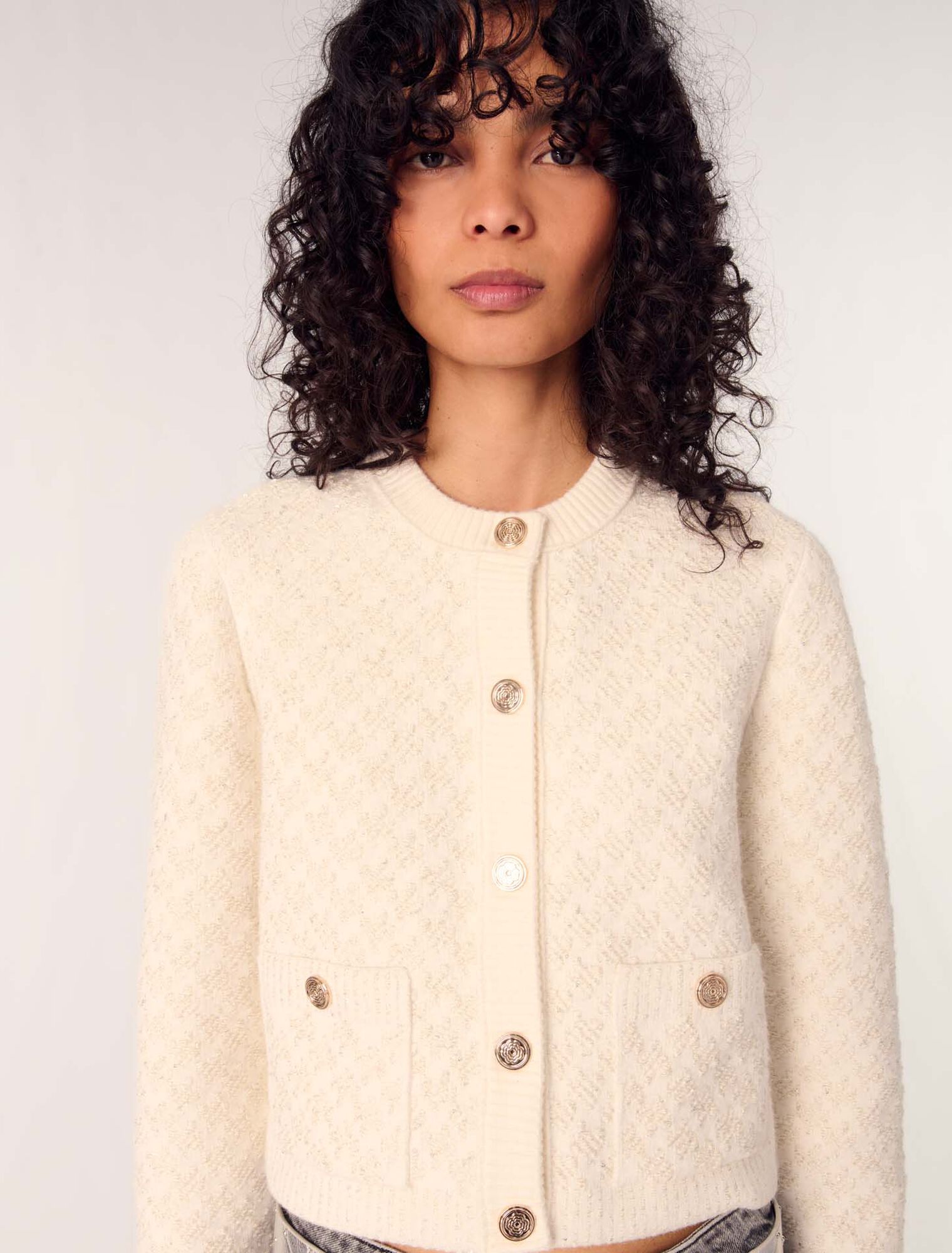 Ecru-Short tweed-effect cardigan