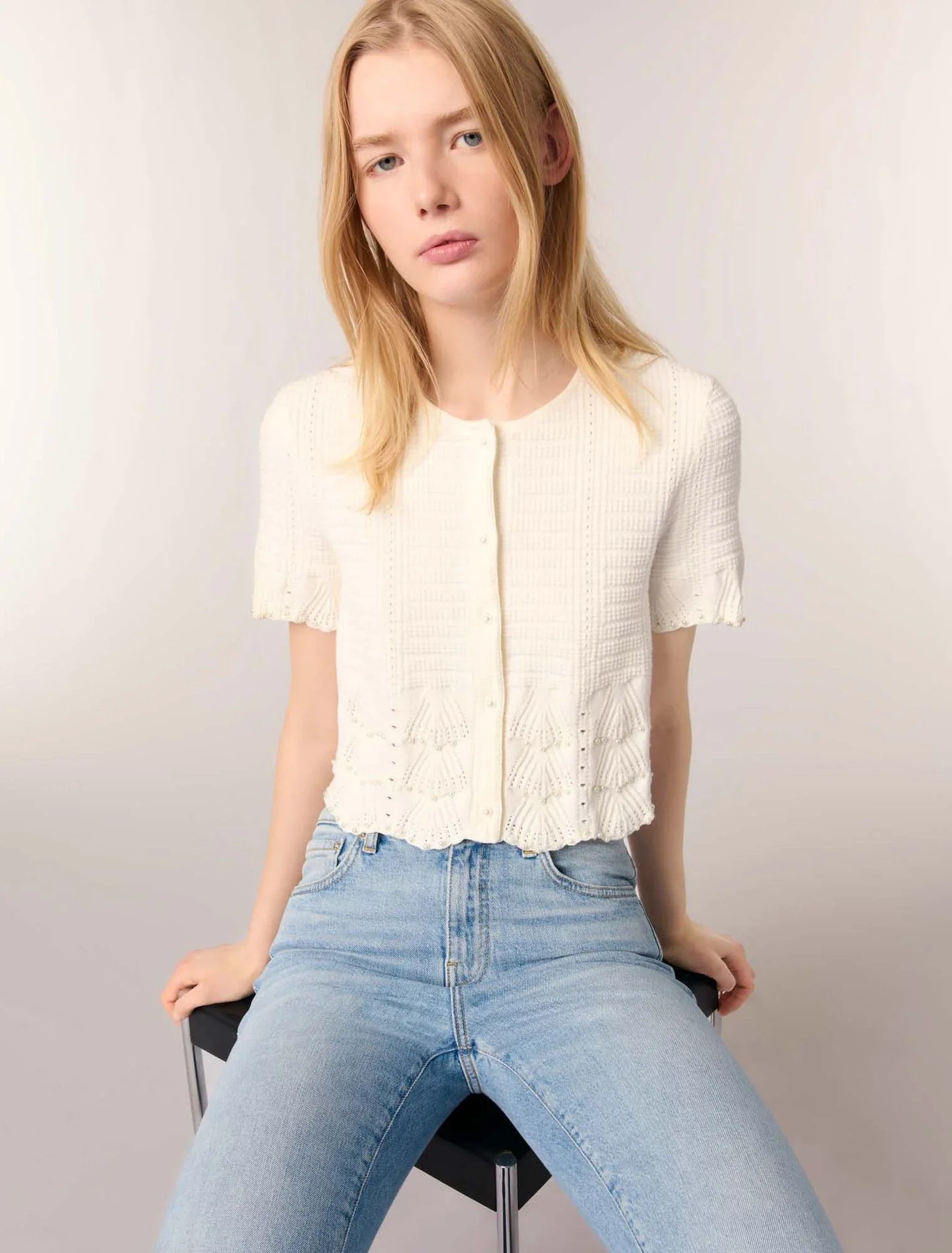 White-Beaded Pointelle Knit Cardigan