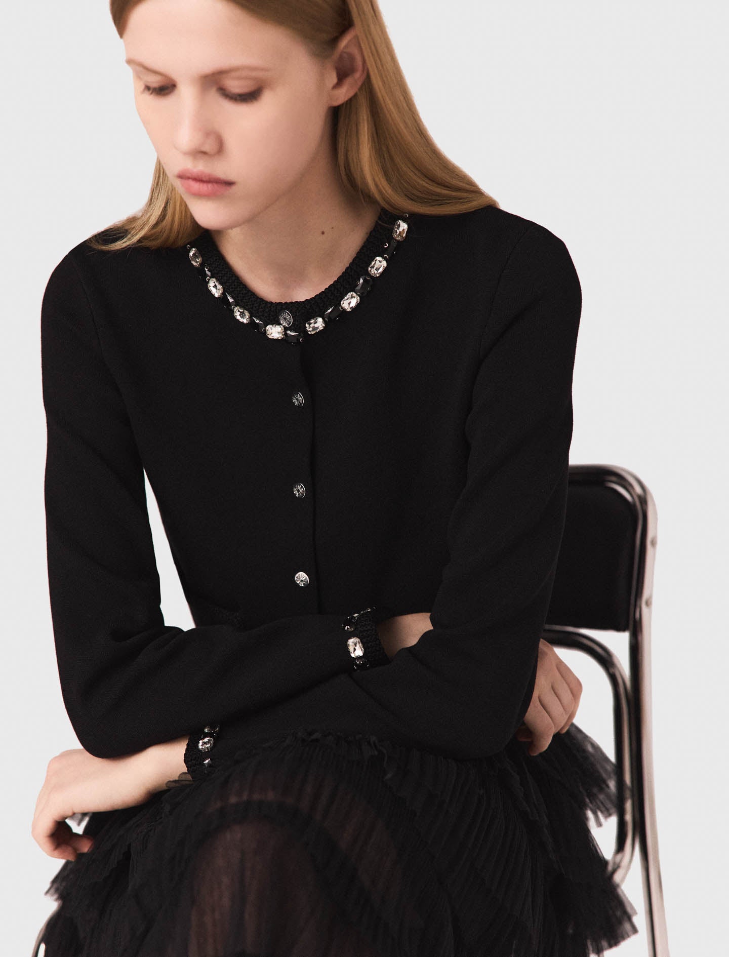 Cropped jewellery detail cardigan Black