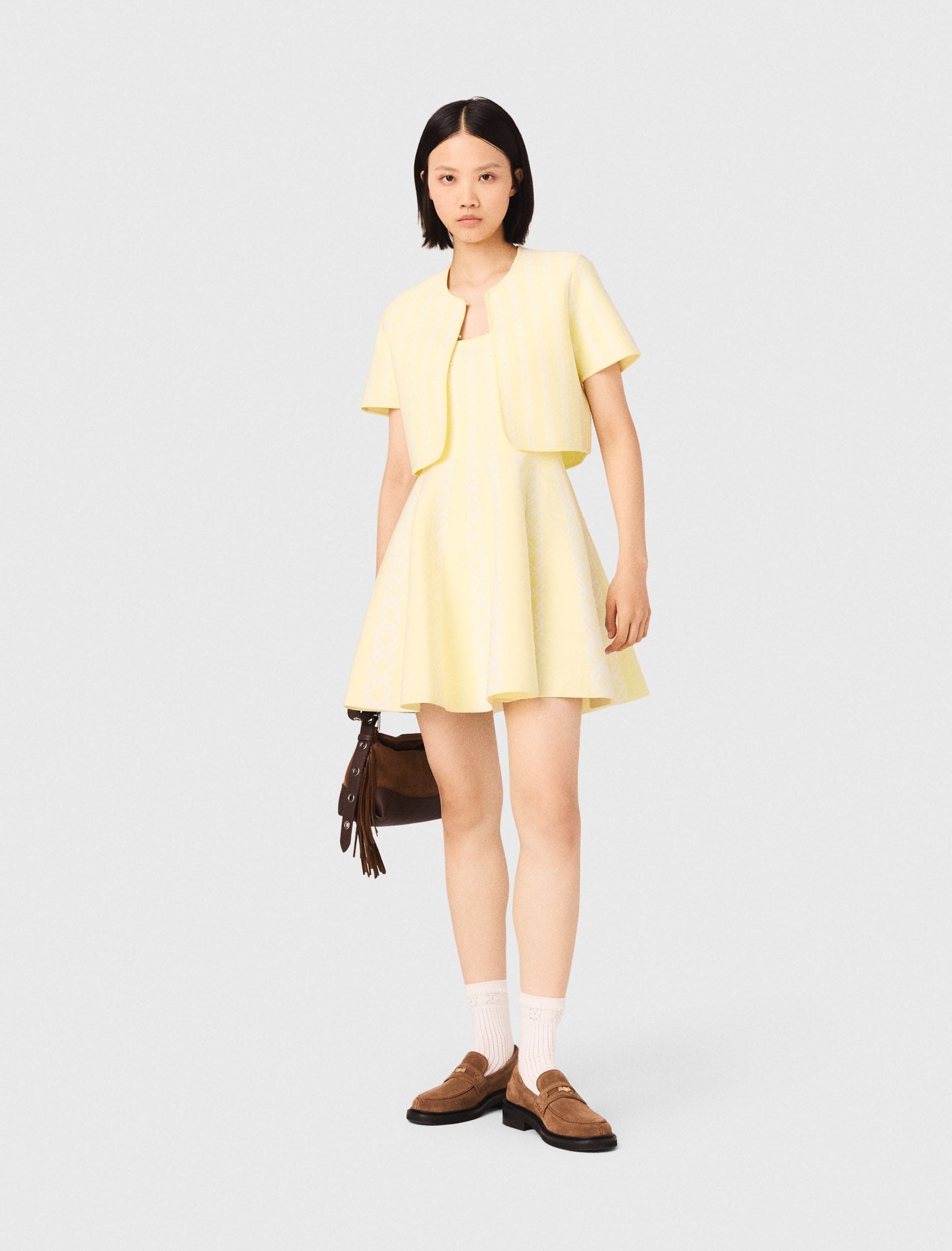 Cropped Fancy Knit Cardigan Pale Yellow