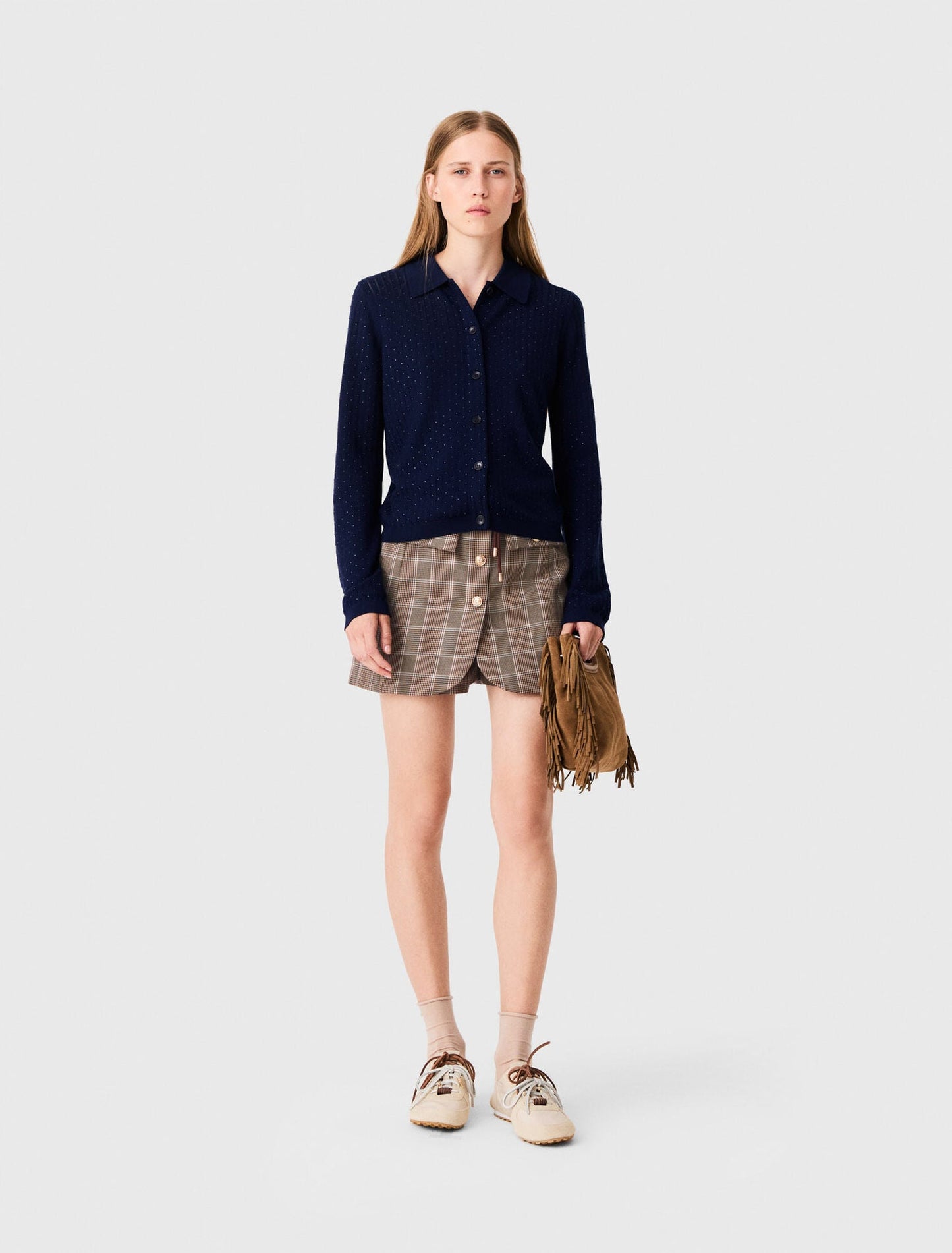 Rhinestone polo collar cardigan Navy