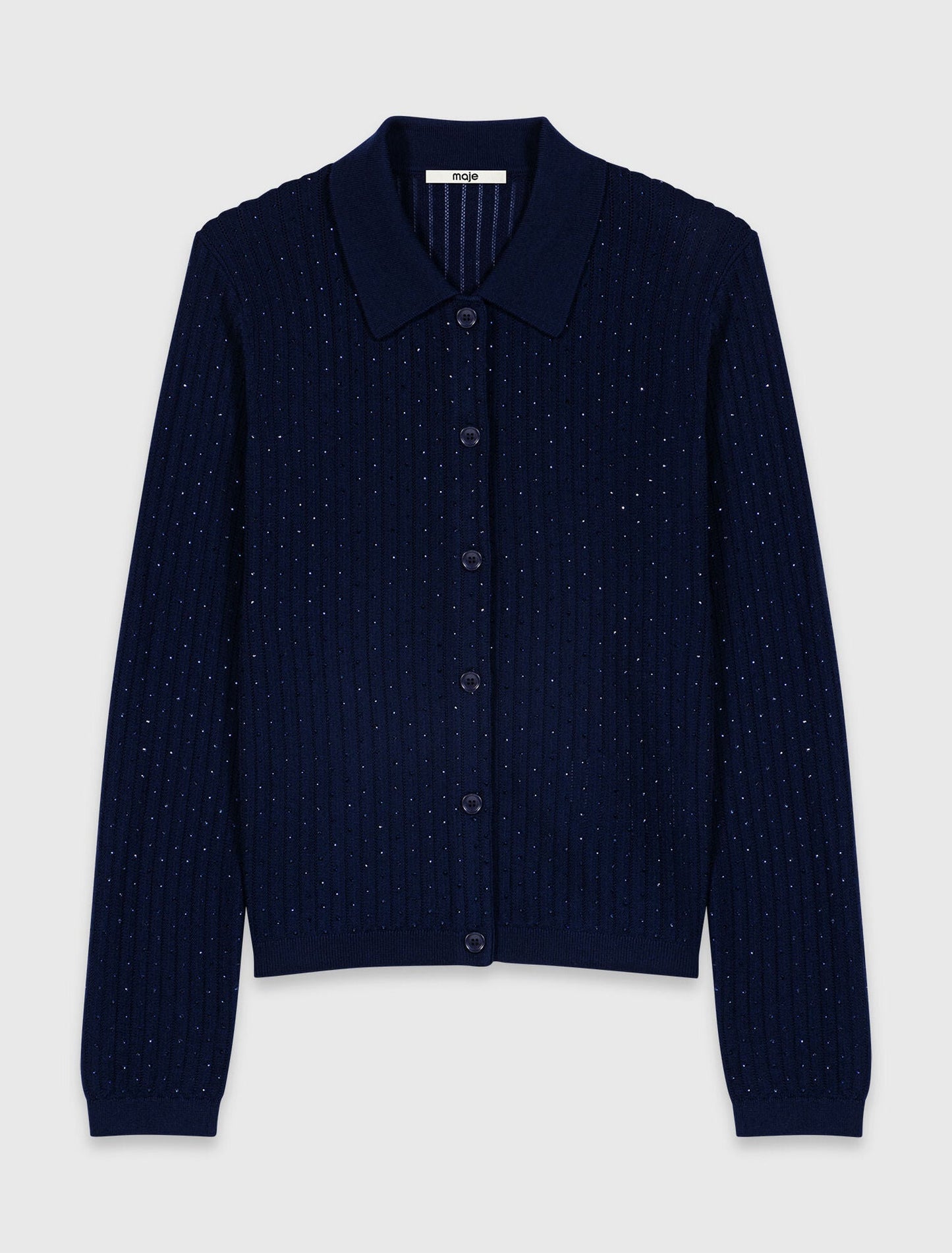 Rhinestone polo collar cardigan Navy