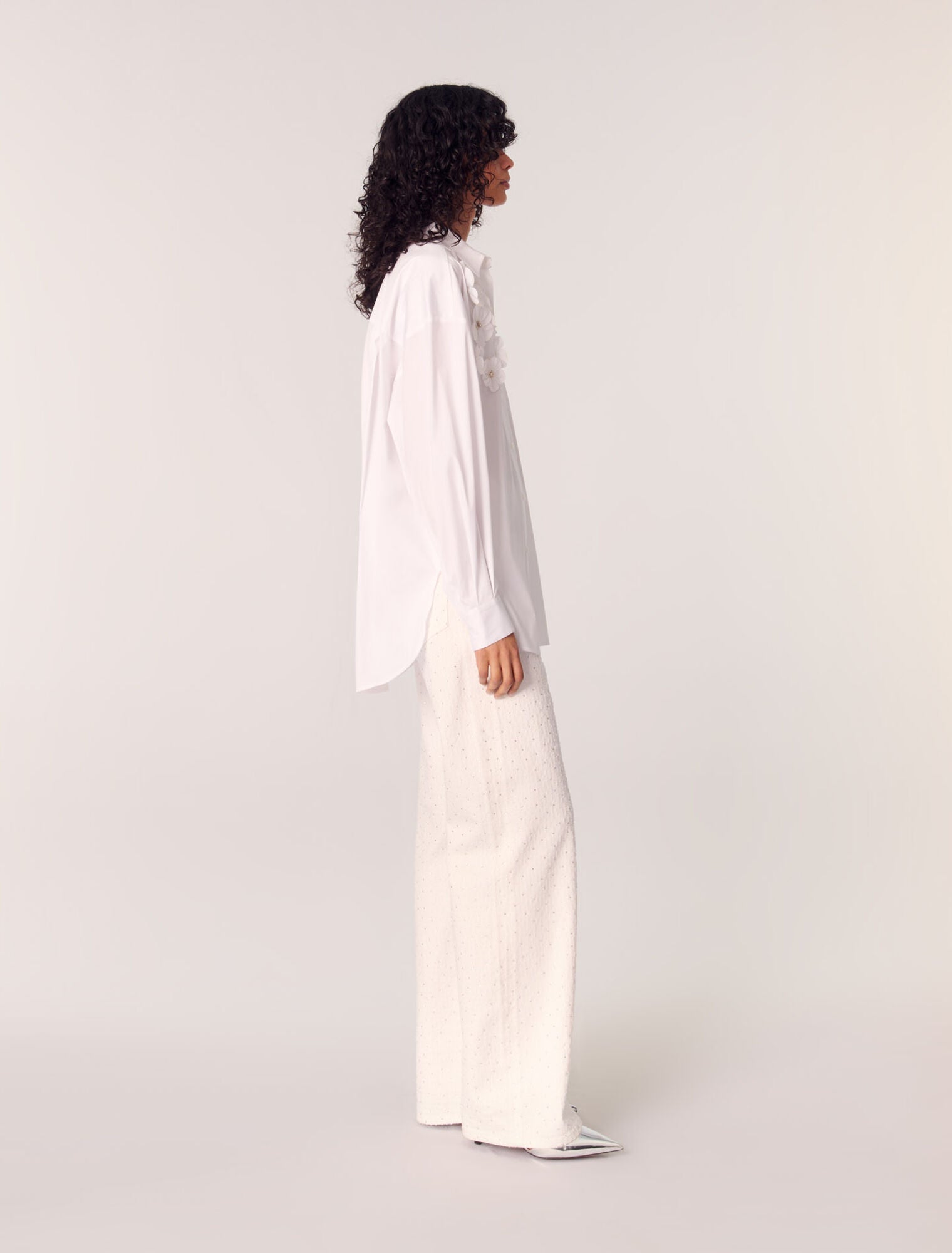 White-Long Shirt With Embroidered Flowers