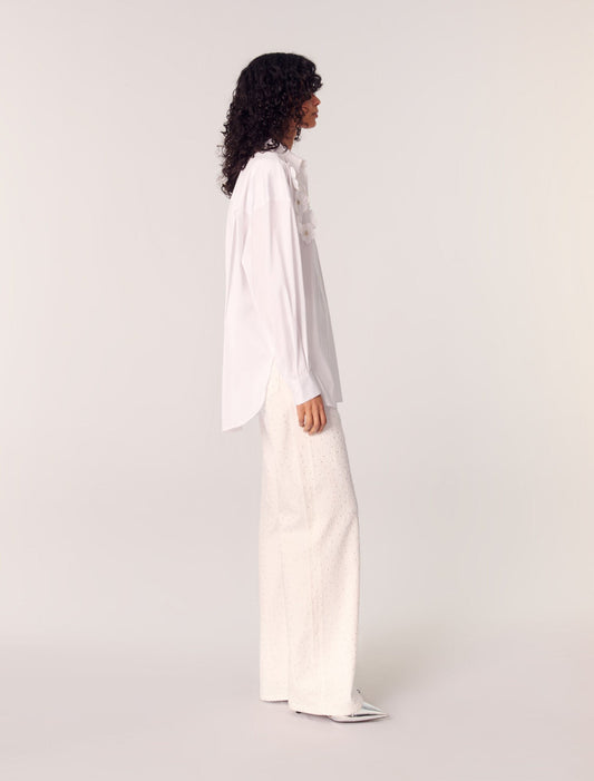 White-Long Shirt With Embroidered Flowers