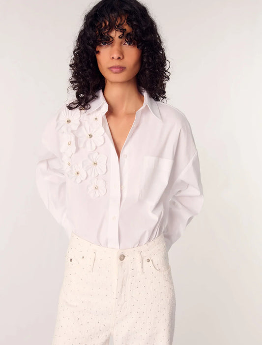 White-Long Shirt With Embroidered Flowers