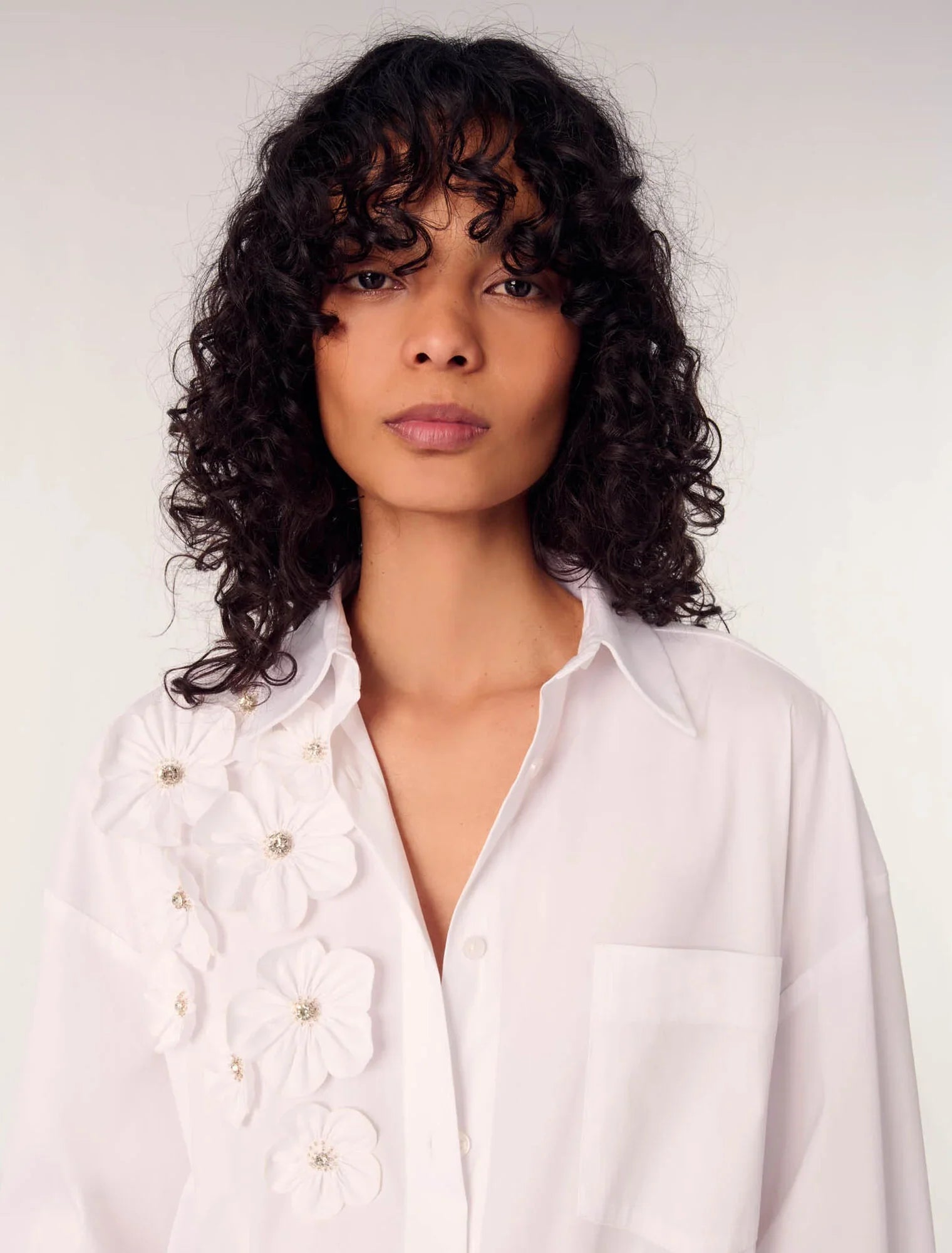 White-Long Shirt With Embroidered Flowers