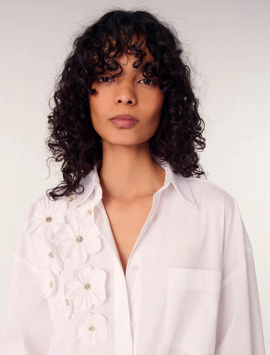 White-Long Shirt With Embroidered Flowers