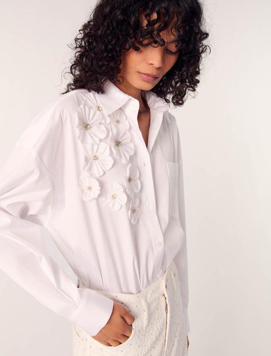 White-Long Shirt With Embroidered Flowers