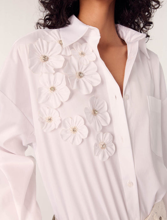 White-Long Shirt With Embroidered Flowers