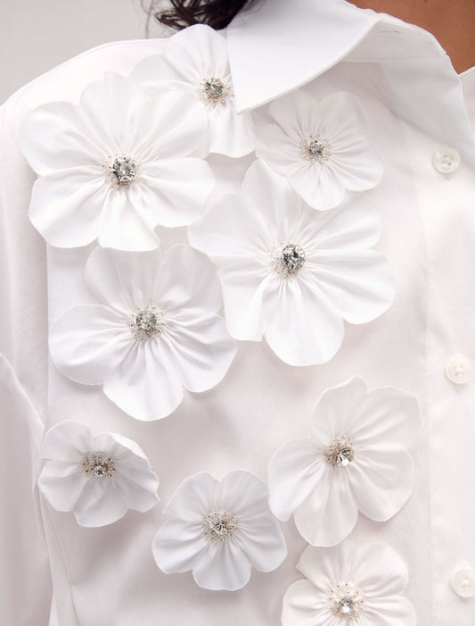 White-Long Shirt With Embroidered Flowers